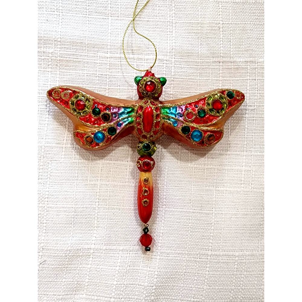 Jeweled Glass Dragonfly Christmas Ornament Rhinestone Mosaic Gold Iridescent